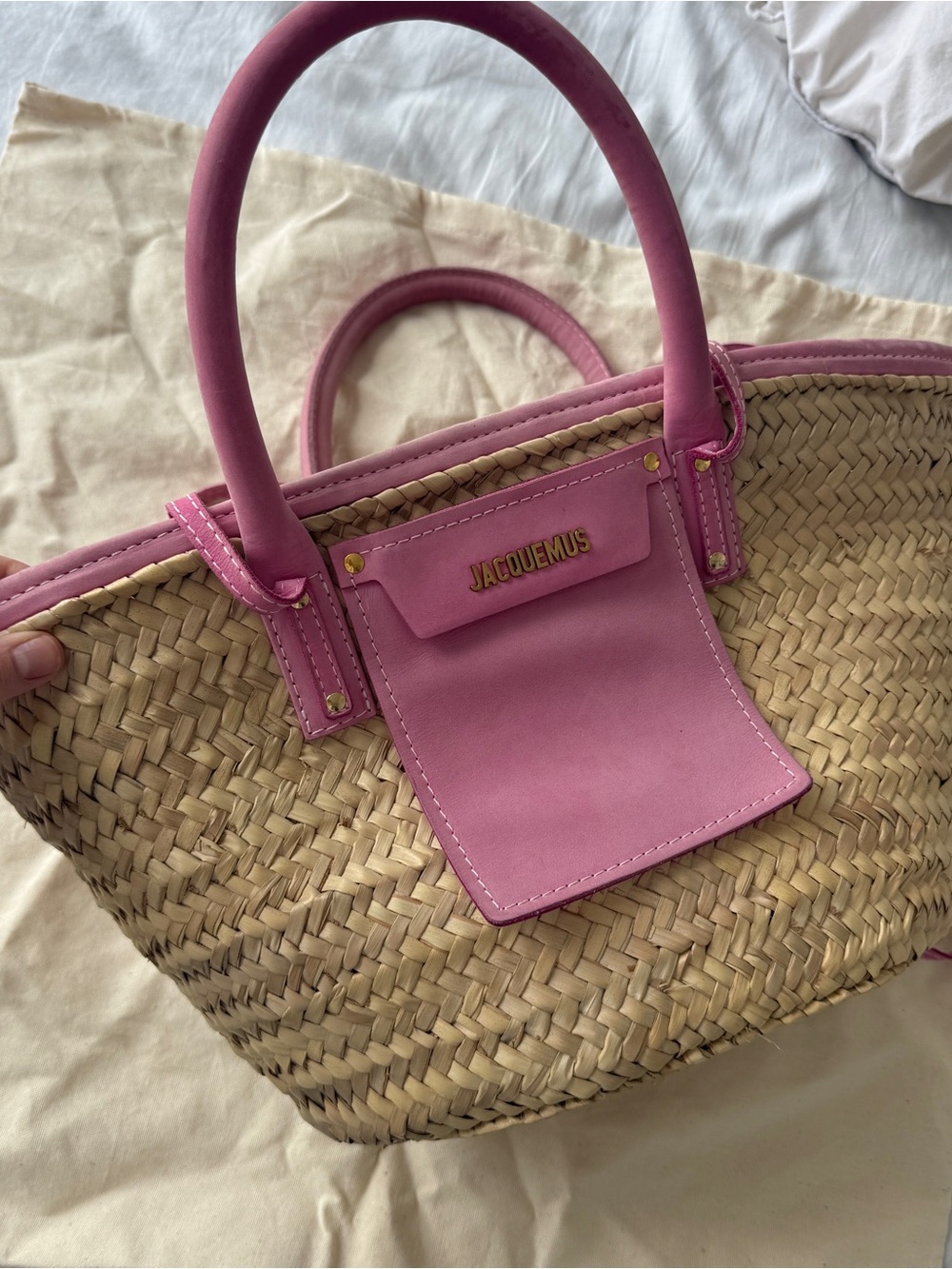 Jacquemus Pink-Trim Woven Straw Tote - Picture 3 of 5